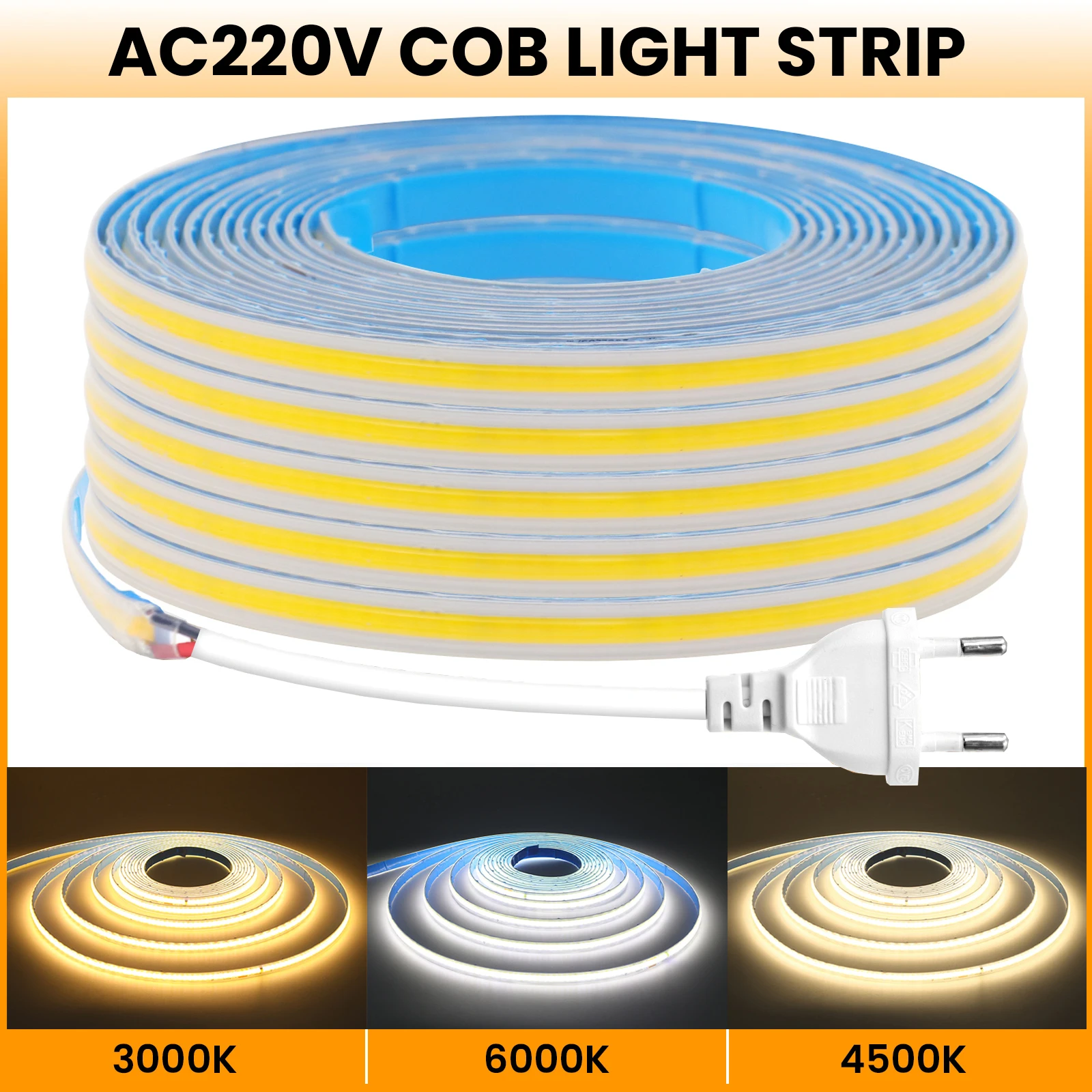 1M-35M/Roll 220V 288LEDs/M AC COB LED Strip Light Waterproof Flexible Tape Lights 3000K 4000K 6000K High Bright Linear Lighting