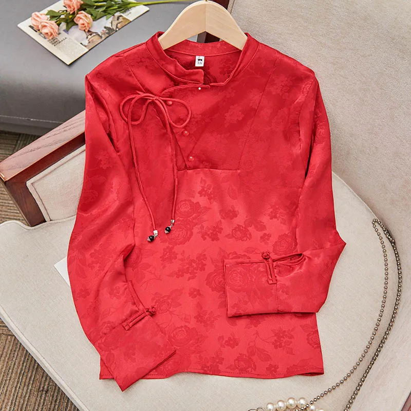 Chinese Style Woman Shirt Imitation Silk Jacquard Shirt Buckle Stand Up Collar Red Top Long Sleeve Vintage Women\'s Clothing