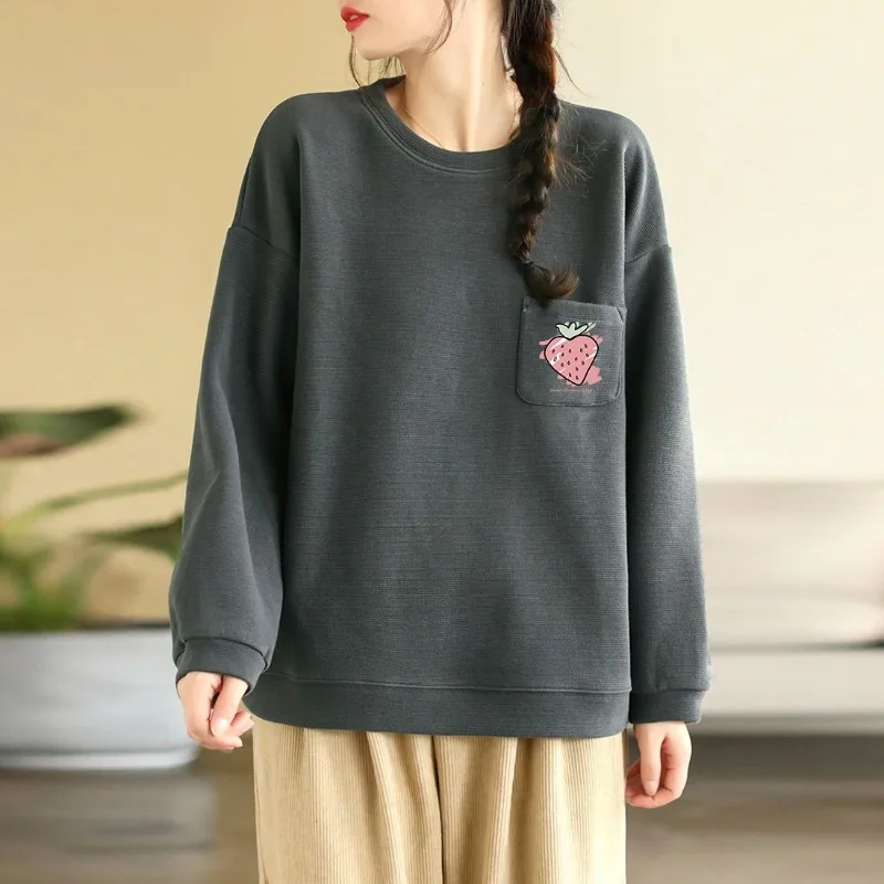 

Женский модный свободный карманный универсальный осенне-зимний топ с длинными рукавами, универсальный хлопковый повседневный универсальный свитер с длинными рукавами