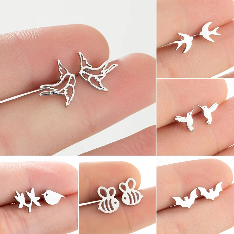 Multiple Stainless Steel Birds Earring Lovely Swallow Bee Bat Hummingbird Stud Earrings for Women Small Parrot Cartilage Earing