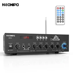 NEOHIPO AM02 300W Bluetooth AV Power Amplifier 2 Channel Audio Home Theater Amplifiers DC 12V 110V/220V Support FM SD USB 2 Mic