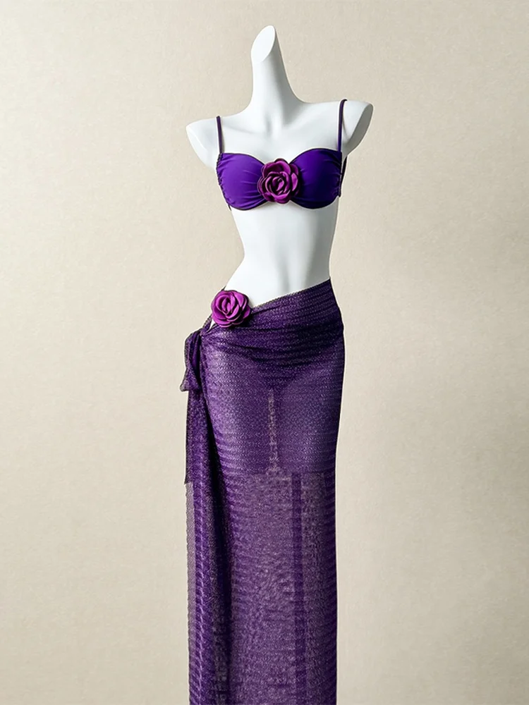 

Purple Flower Bikini Long Dr Sexy Pure Desire High End Vaion Hot Spring Beach Swimsuit Women Casual Surf Suit with Ches...