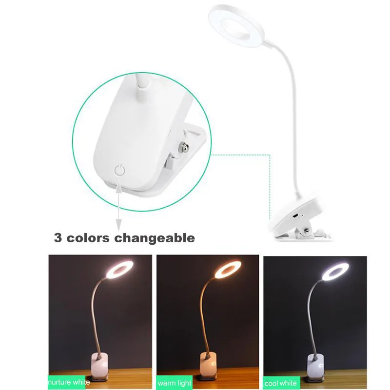 USB DC 5V LED Reading Book Night Light Desk clip lamp 18650 Rechargeable battery dimming Table lighting Clip holder Bedroom
