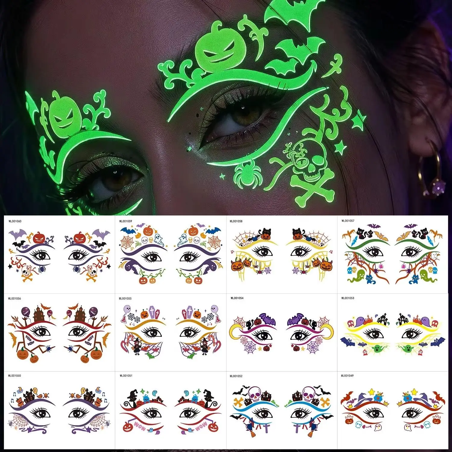 12pcs Glow in The Dark Halloween Face Stickers Pumpkin Ghost Spider Web Eye Makeup Decals Waterproof Tattoos for Halloween Party