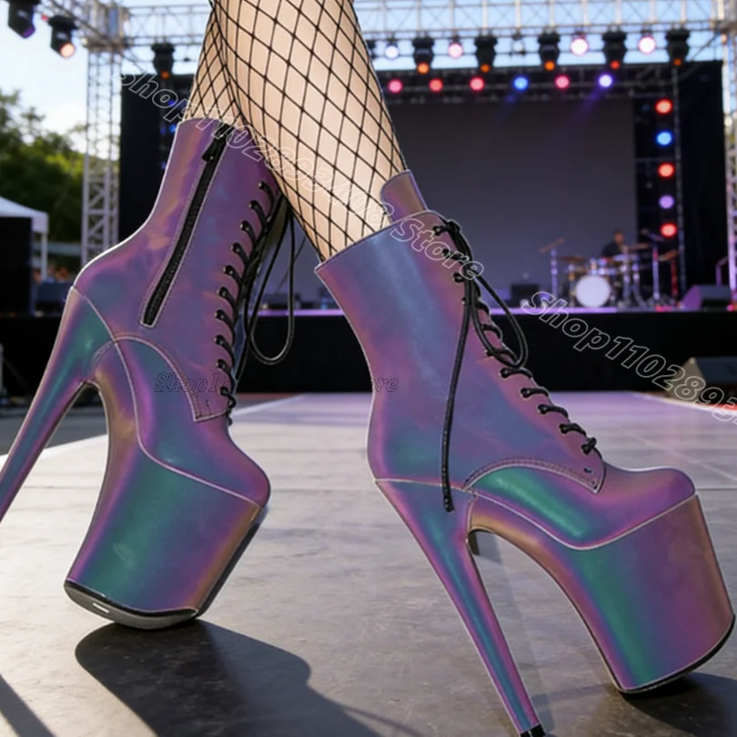 Purple Stiletto Lace up Short Boots Platform Performance Patent Leather New Women Party Dancing Sexy Sandals Zapatos Para Mujere