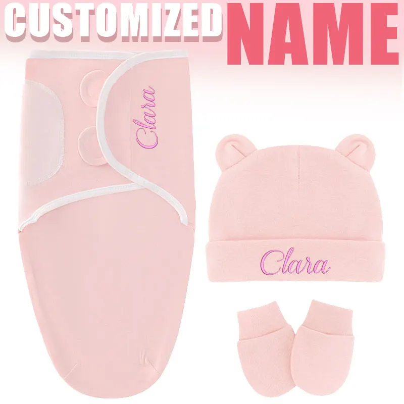 

Personalised Name Baby Swaddle with Adjustable Hat 100% Cotton Newborn Sleepping Set for Baby Shower Gifts