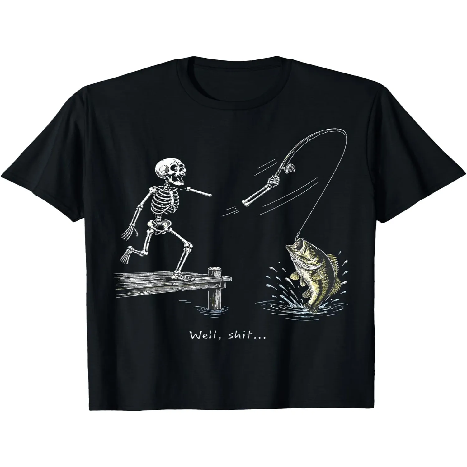 Men' Funny Fishing T-Shirt - Well Shit Skeleton Fishing, Humorous Fishing Meme Tee, Breathable Short Sleeve Round Neck Shirt Suitable for Seasons, Casual Wear for Outdoor Activities Fishing Trip Casual T-shirt, Minimalist Tee,