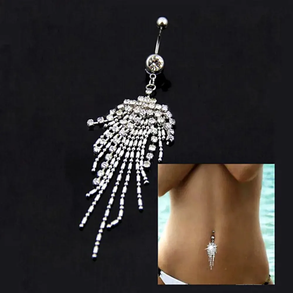 14g Rhinestone Long Tassel Dangle Steel Navel Belly Button Ring 10mm Bar Curved Barbell Body Piercing Jewellery