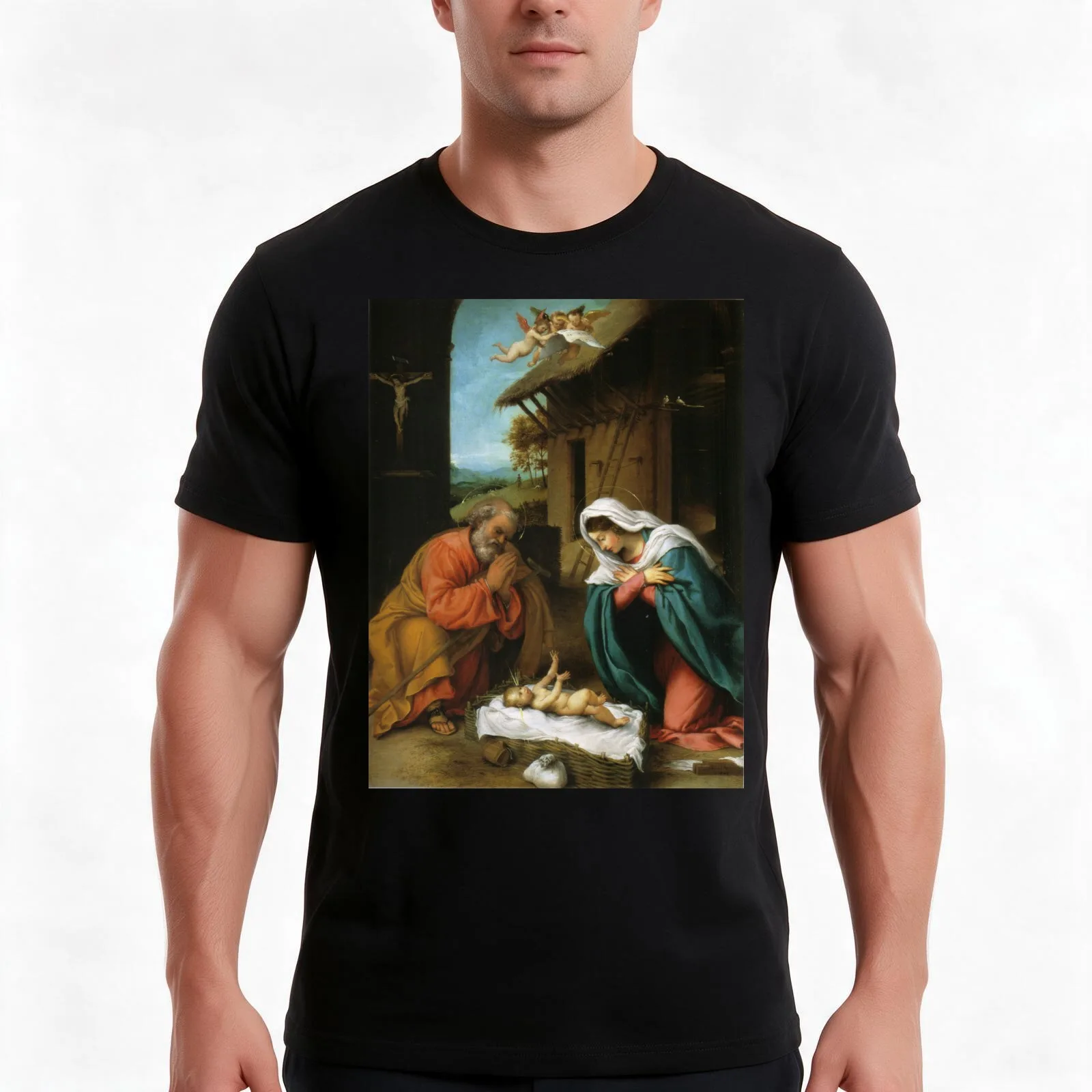 Christmas Nativity of JesusLorenzo Lotto T-Shirt, Summer Casual Cotton Tee, Oversized Streetwear Tops, Vintage Graphic Print