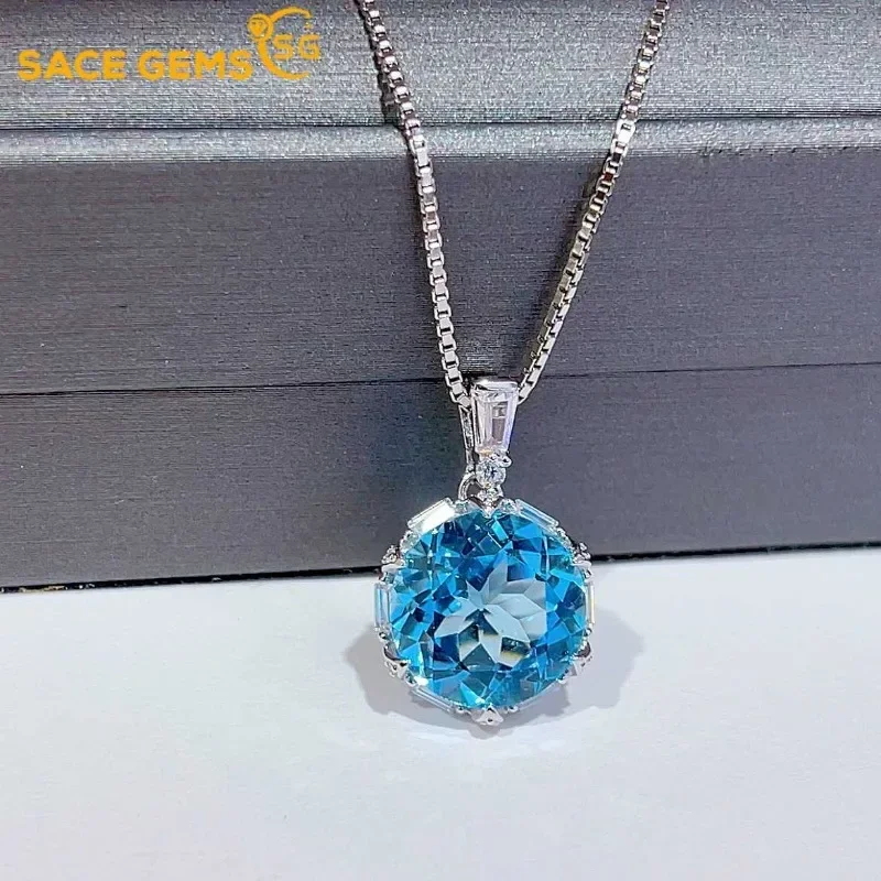 SACE GEMS New Luxury 925 Sterling Silver 12MM Natual Sky Blue Topaz Pendant Necklace for Women Cocktail Party Fine Jewelry Gift