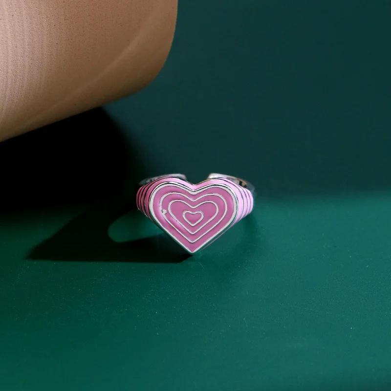 New Summer Niche Design Pink Heart Multi-layer Threaded 925 Sterling Silver Personality Love Sweet Opening Rings  TYB310