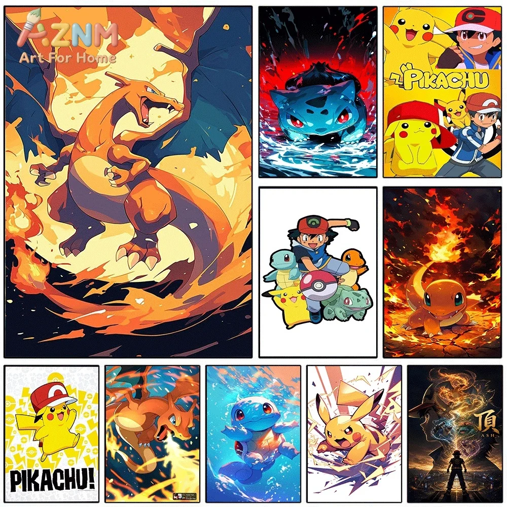 Anime Pokemon Charizard Fire Effect Canvas Wall Art, Fire‑type Pocket Monster Cartoon Frameless Canvas Painting for Kids Bedro