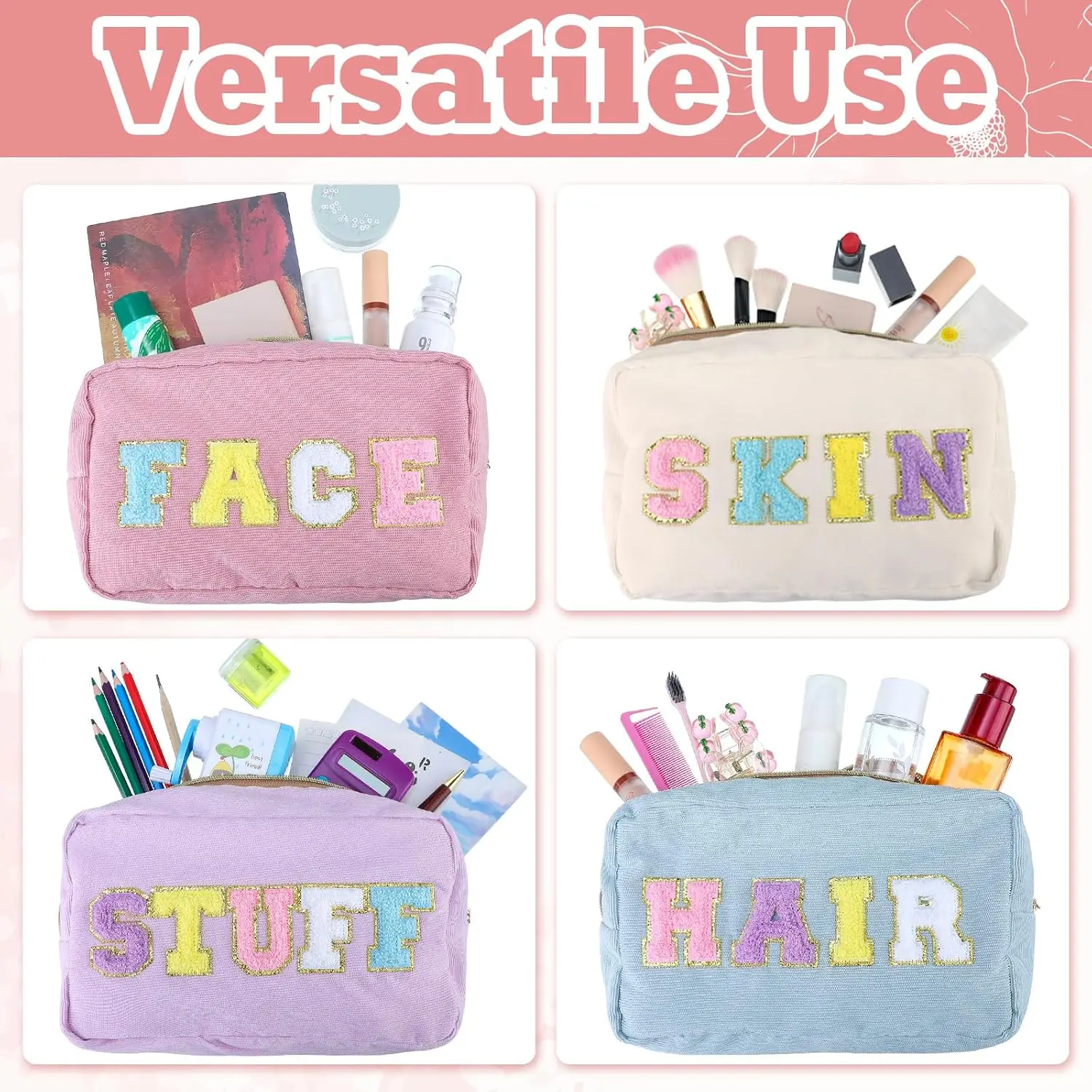 Academy style Makeup Bag Chenille Letter Bag Facial Skin Hair Items Corduroy Makeup Bag with Zipper Wedding Birthday Gift