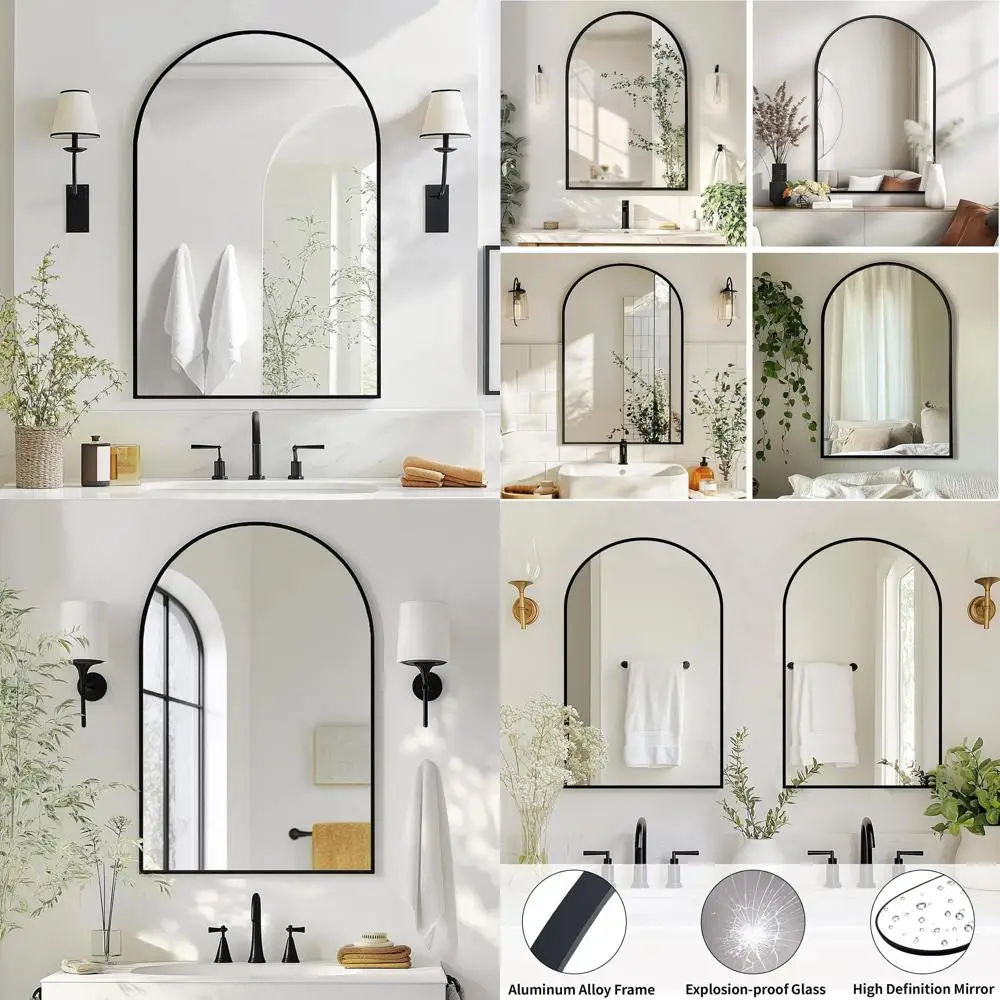 Elegant 20x30 Black Arched Mirror with Metal Frame for Bathroom, Hallway, and Bedroom