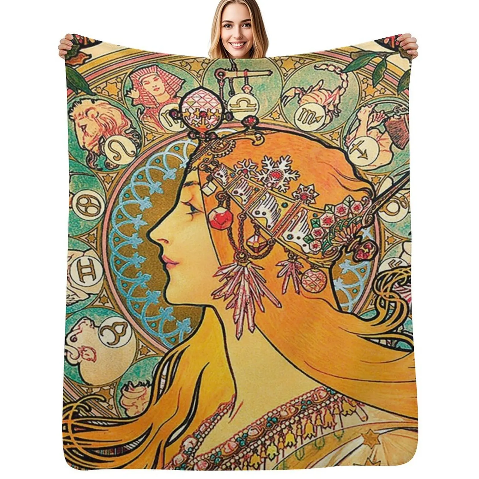 HD. Zodiac (Original version), by Alphonse Mucha (1896) ORIGINAL COLORS Throw Blanket Vintage Luxury Blankets For Sofas Blankets