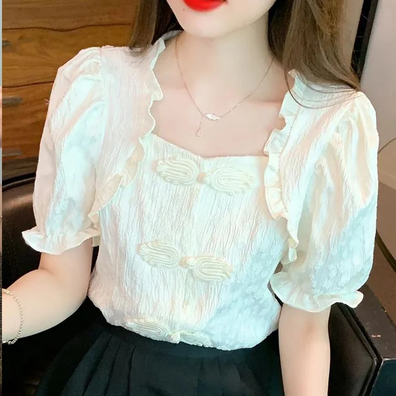 New Chinese Style Retro Unique Waist Cinched Bubble Sleeve Shirt for Women\'s Summer Wooden Ear Edge Square Neck Trendy Shirt Top