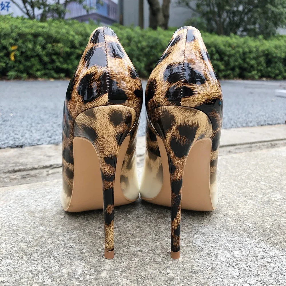 Tikicup Leopard Print White Patent High Heels for Women Pointed Toe Stiletto Slip-on Pumps Fashion Clubwear Party Dress Shoes