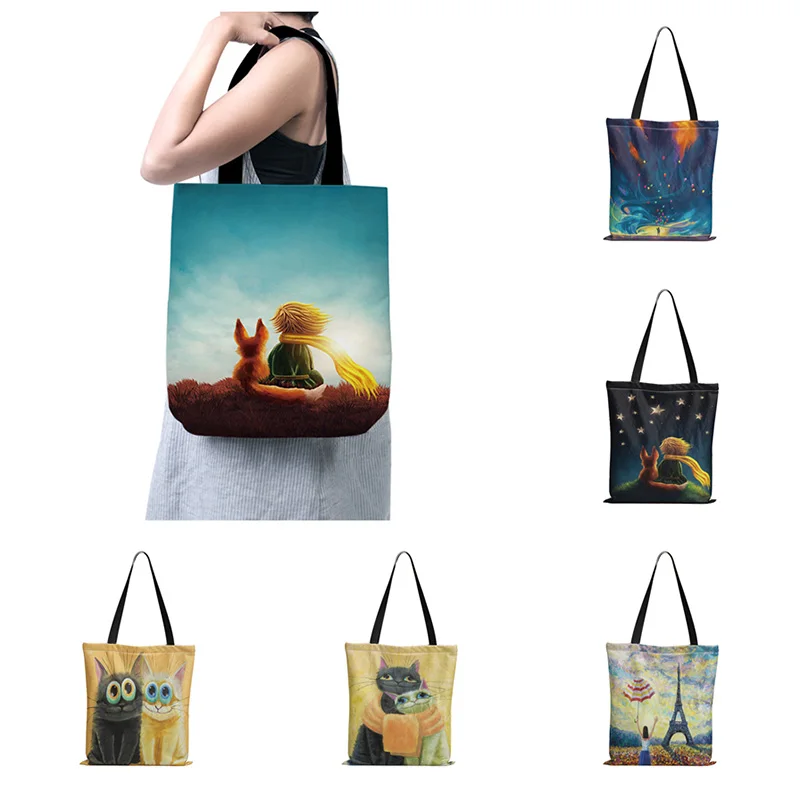 Cartoon Little Prince Women Canvas Shopper Bag with Handle Funny Eco Foldable Reusable Tote Bag Book Key Phone Shopping Bag