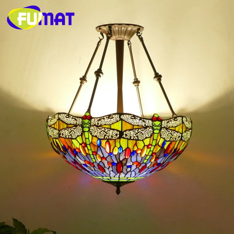 FUMAT Tiffany stained-glass simple retro dragonfly chandelier for living room dining room bedroom decor inverted pendant lamp