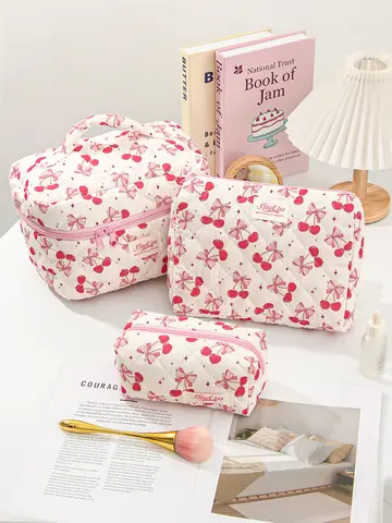 1/3Pcs 체리 & 보우 패턴 메이크업 가방 세트, 대용량 화장품 보관 가방, 지퍼 메이크업 주최자 주머니
