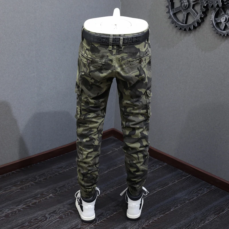 Y2K fashion new men's jeans stretch slim fit washed water nostalgic stretch slim fit multi pocket grass green jeans designer pan