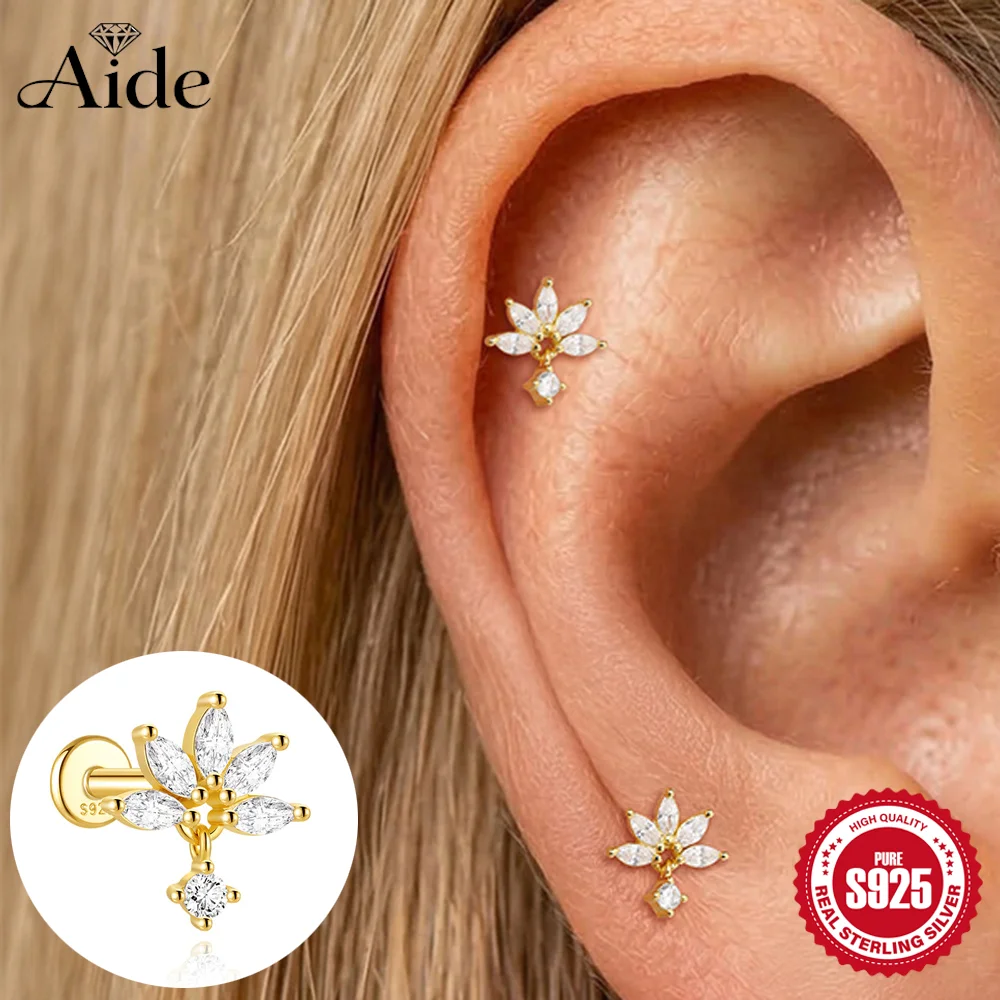 AIDE 925 Sterling Silver Crown Tassel Horse Eyes CZ For Women 16G Cartilage Helix Flat Back Piercing Earrings Birthday Gifts
