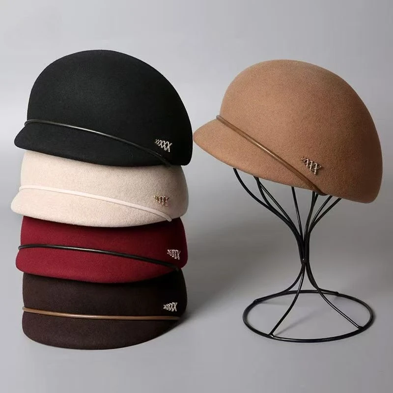 

Японский вогнутый топ-берет, женский осенне-зимний австралийский шерстяной цилиндр, цветной кристаллический край, бант из кроличьей шерсти, фетровая шляпа стюардессы