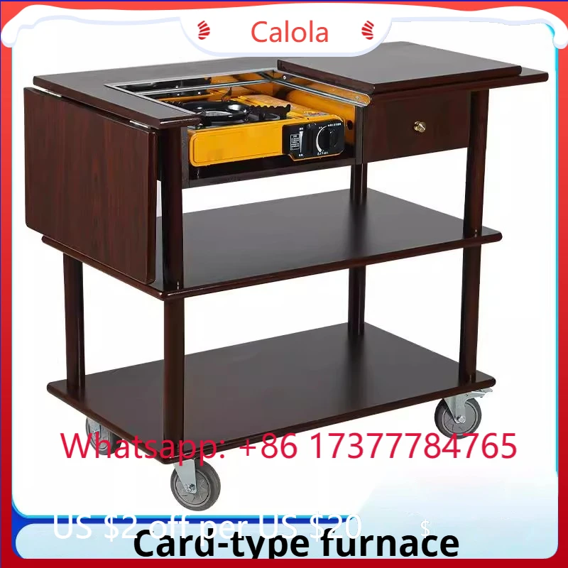 

Black Walnut Hand Push Catering Trolley Commercial Mobile Single Burner Stove Hotel Cooking Cart