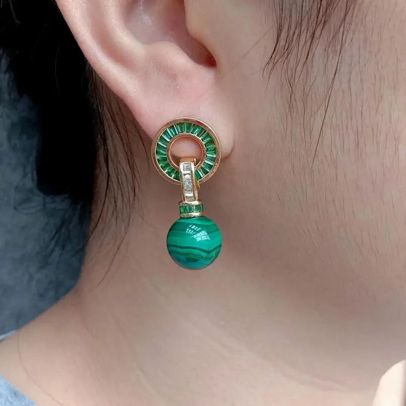 Orecchini a goccia con pietre preziose verdi naturali Y-YING Malachite Round Cz Pave Stud