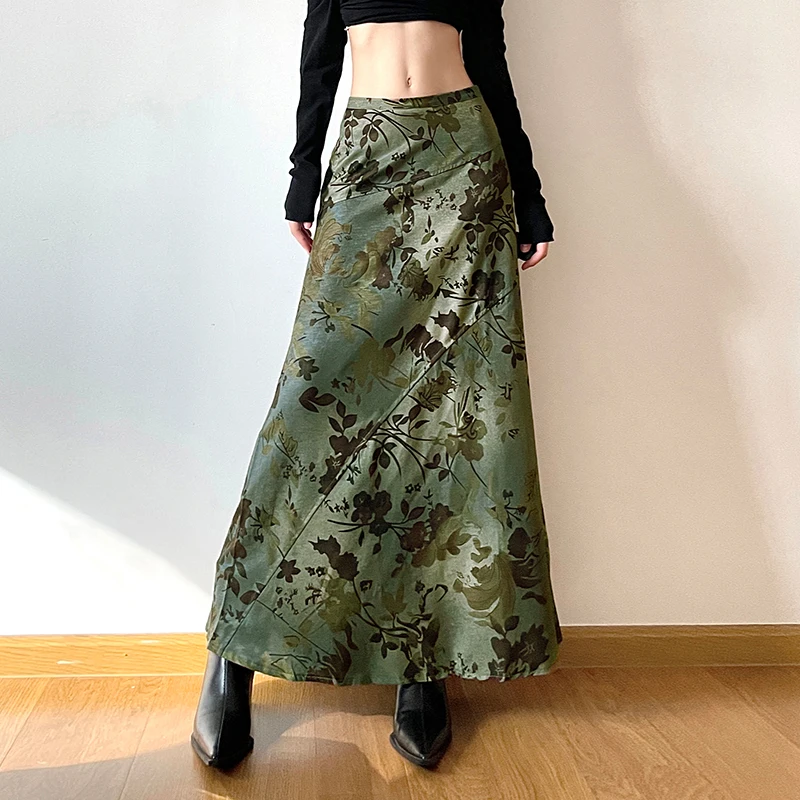 Rockmore Vintage Print Green Trumpet Midi Skirts Y2K Aesthetic Chic Low Waist Long Skirts Grunge Fairycore Holiday Outfits New