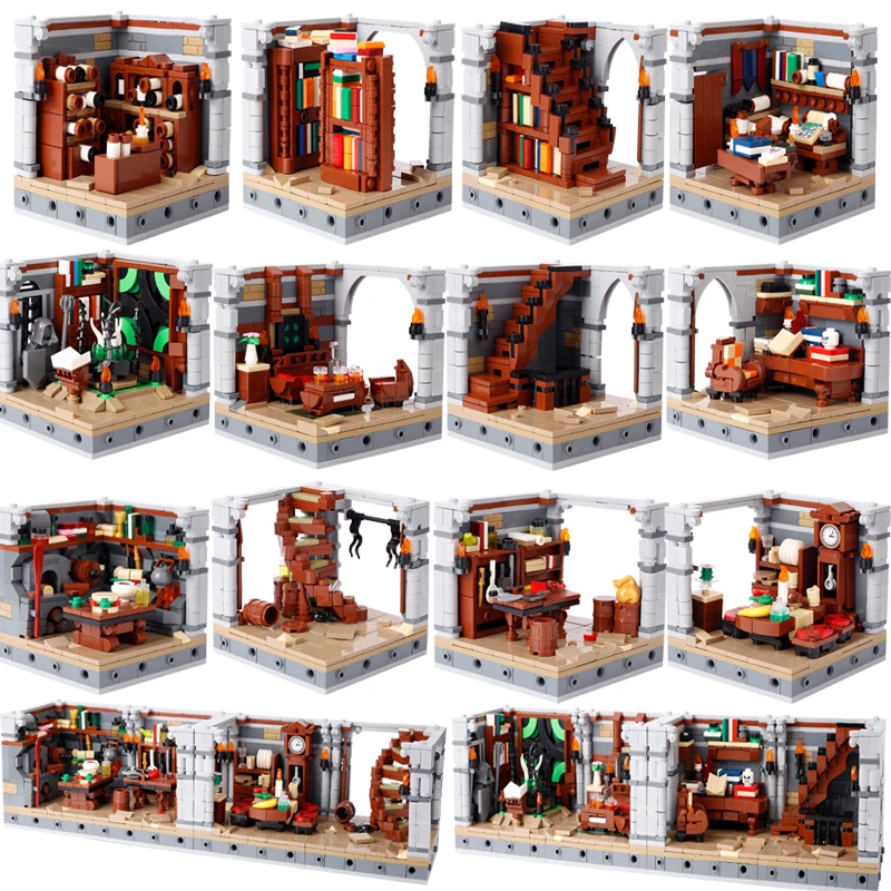 MOC Medieval Construct Accessories Building Blocks Street View House Furniture Bookstore Desk Kitchen Map Bricks Friend Toy Gift