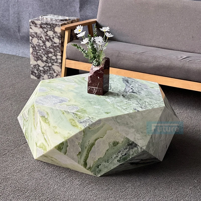 Luxury Natural Green Marble Living Room Furniture Polygon Fashion Marble Plinth Diamond Coffee Table Marble Center Table