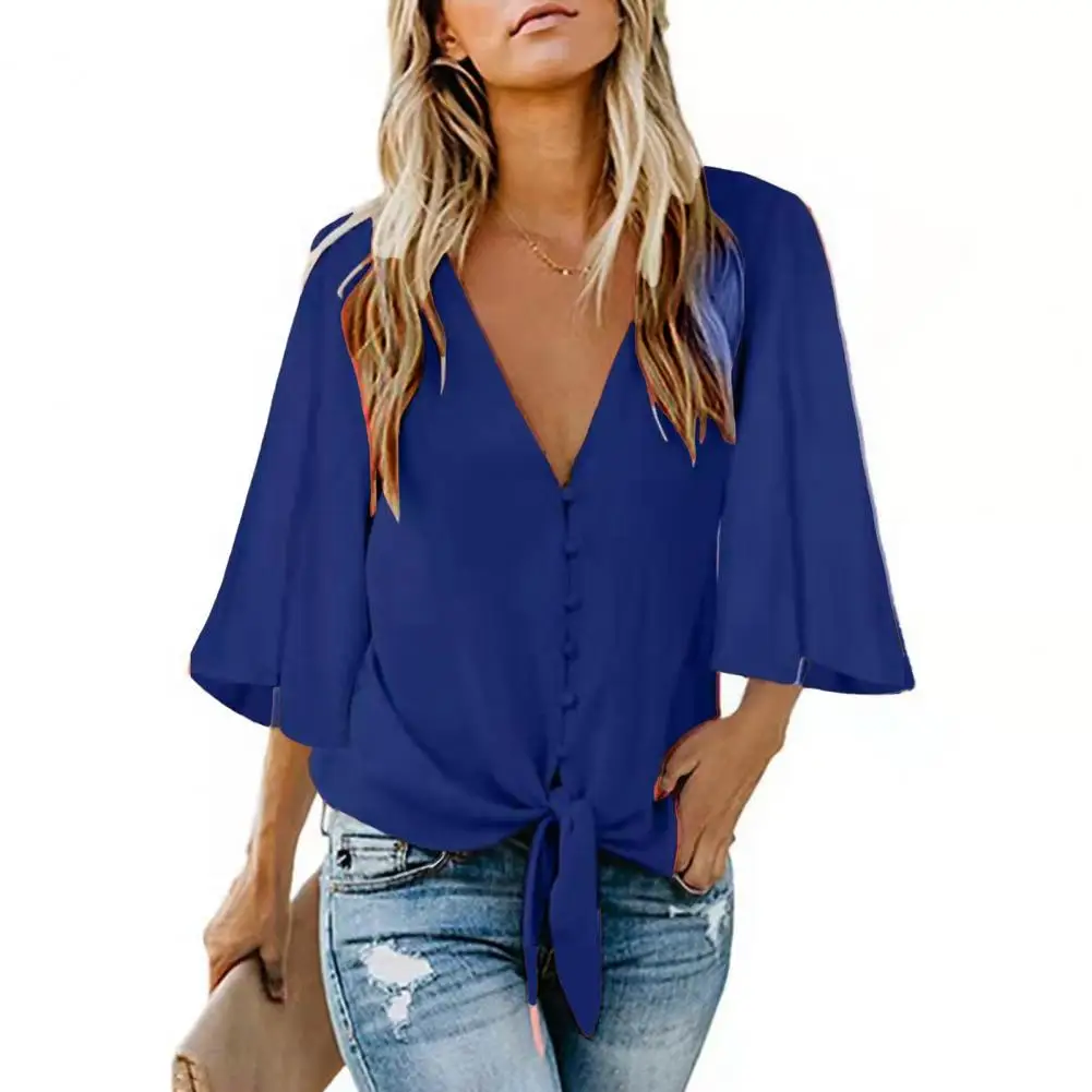 

Ladies Solid Color Lace Up Crop Tops Autumn New Fashionable V Collar Long Sleeve Short Women's Blouse Top Loose Fit Commuting