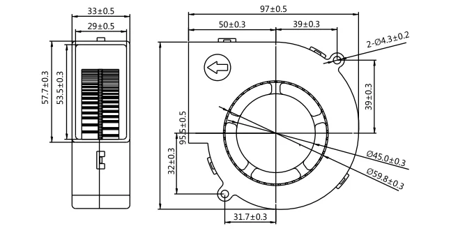 YB9733HB Ventola di raffreddamento per server a 2 fili CC 24 V 0,75 A 97 x 97 x 33 mm