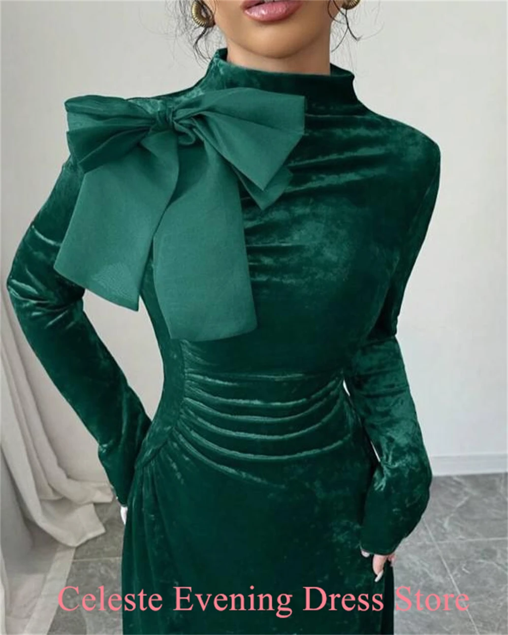 Vestido De noche De terciopelo verde Simple personalizado, elegante Vestido De fiesta De manga larga con cuello alto, Vestido De fiesta De lujo