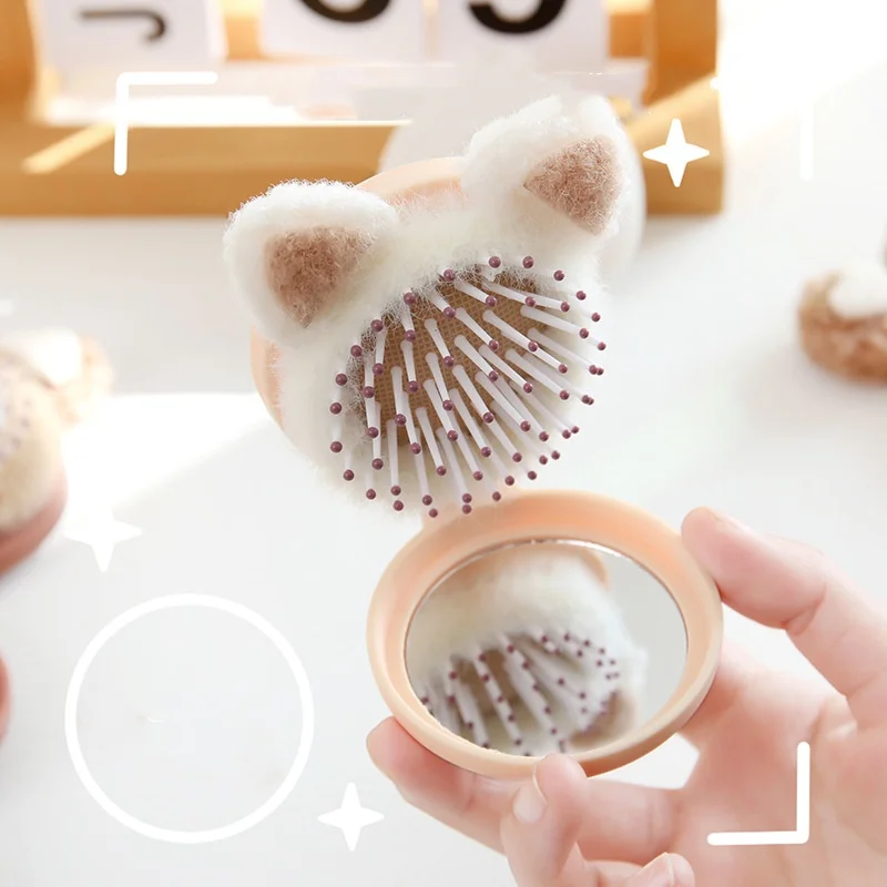 Cute Kid Hair Brushes Mini Lovely Cartoon Bear Hair Combs with Mirror for Children Girl Small Portable Massage Comb Hair Rope