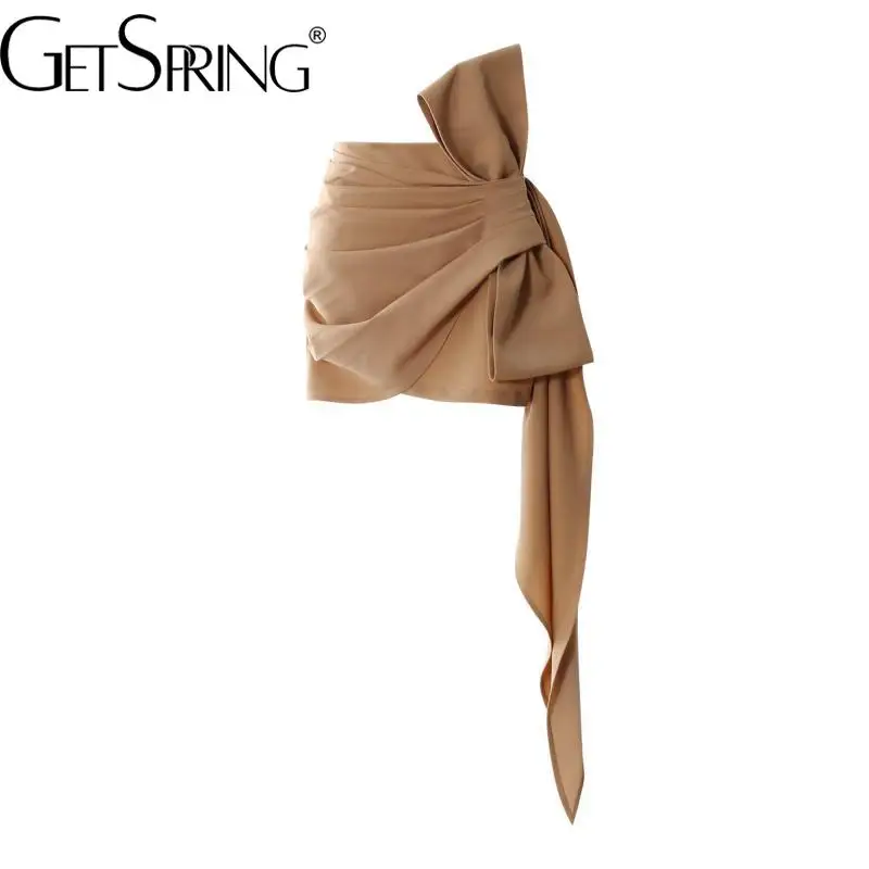 GetSpring Women Skirt 2025 Spring Summer New Fashionable Bow Ribbon Wrap Hip High Waist Pleated Slim Fit Asymmetric Mini Skirts