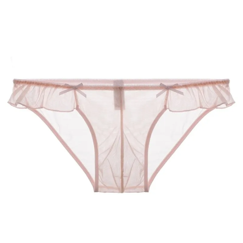Man's Sheer Mesh Briefs, Ruffle Trim Bow Decor Low Waist Convex Pouch Panties, LGBQ Soft Transparent Underwear
