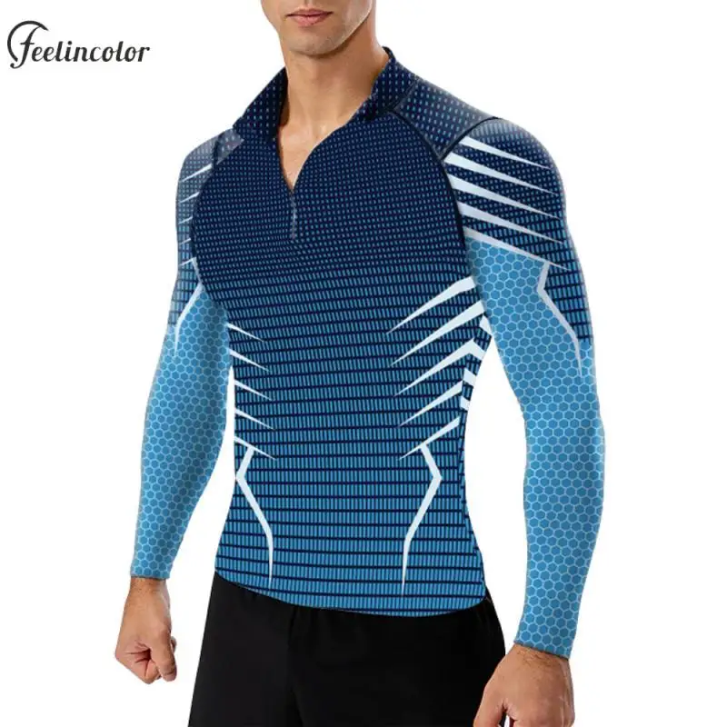 

Blue Black Elements Printed Shirt for Men Upf 50+ Sun Protection Workout Tops Quick Dry Compression T-Shirt Zip Up Male Clothing