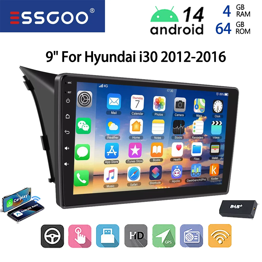 ESSGOO 9" Touchscreen 2DIN Display Android 14 Voor Hyundai i30 2012-2016 Draadloze CarPlay Android Auto Autoradio GPS Navigatie FM BT RDS Mirror Link Multimedia Speler