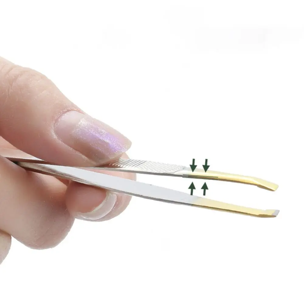 Stainless Steel Eyebrow Trimming Tweezers Slant Tip Plucking Eyelash Curler Flat Tip Mesh Stripe Handle Eye Brow Clips Girl