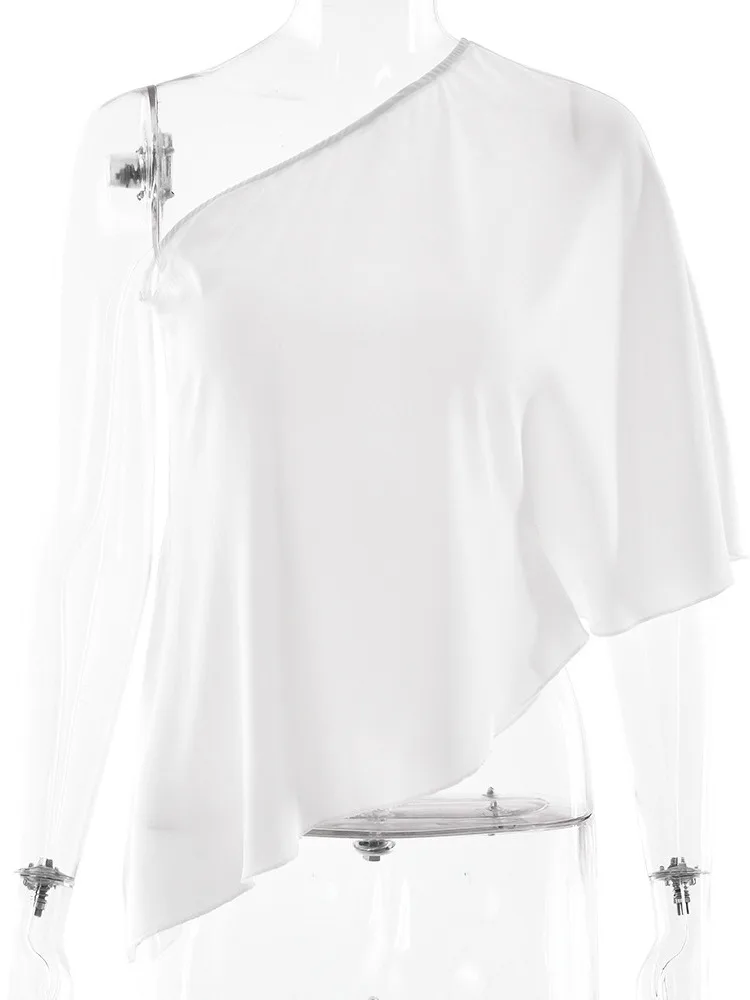 Absobe femmes Sexy épaules dénudées Satin haut irrégulier couleur unie col asymétrique une manches mince T-Shirt décontracté Streetwear