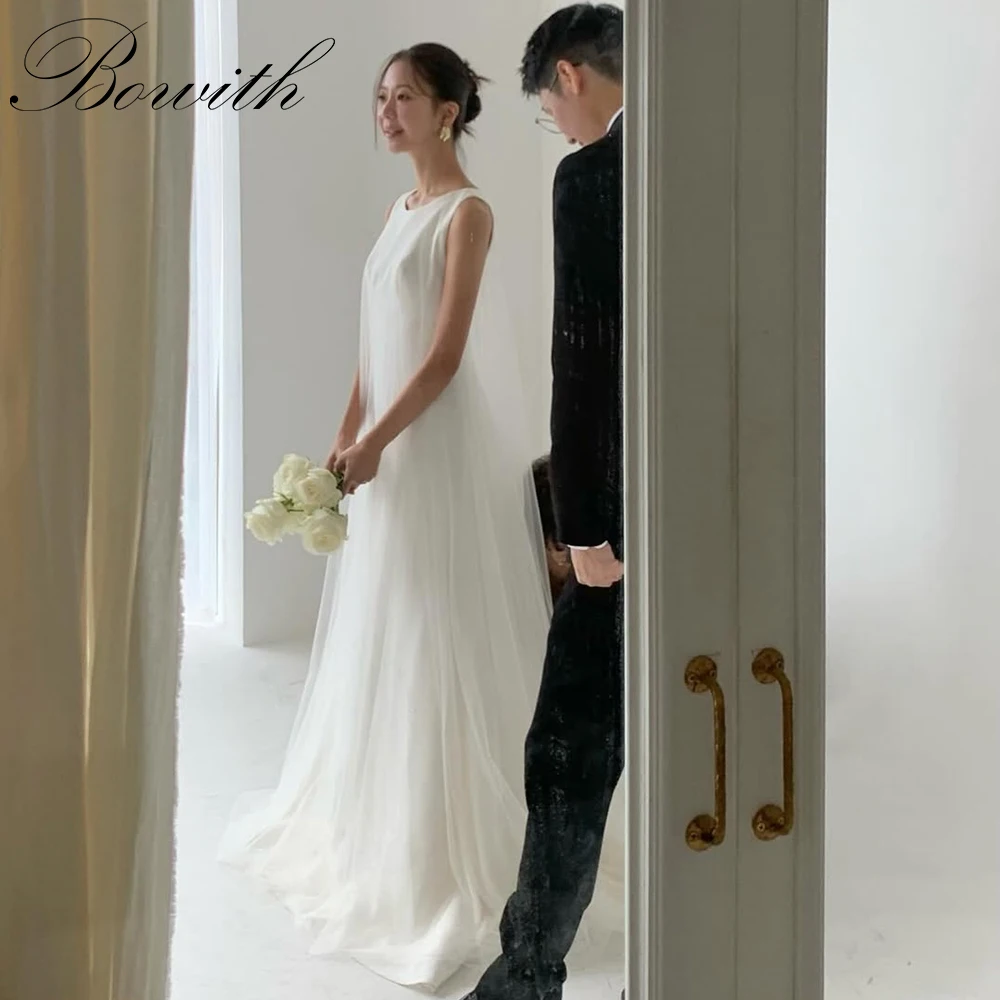 

Bowith Simple Korean Wedding Dresses A-Line O-Neck Sleeveless Bridal Gown Customized Floor-Length Wedding Dresses for Bride
