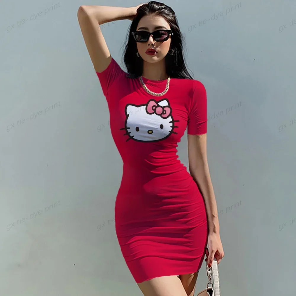 2023 New Hot Hello Kitty Cartoon 3d Printed Sexy Crewneck Sheath Dress Summer Fashion Beach Party Gathering Sexy Women's Wear