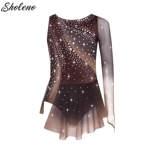 Imagen 1 del producto Leotardos con falda de gimnasia rítmica para niños y niñas, sin mangas, con diamantes de imitación, patinaje artístico transparente, vestido de baile de Ballet, competición