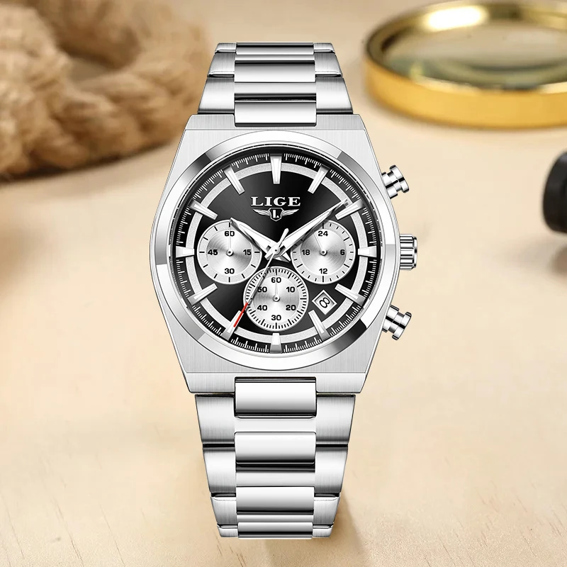LIGE Fashion Modern Man Watch Functional Luxury Stainless Waterproof Luminous Simple Dial Auto Date Daily Quartz Watches for Men