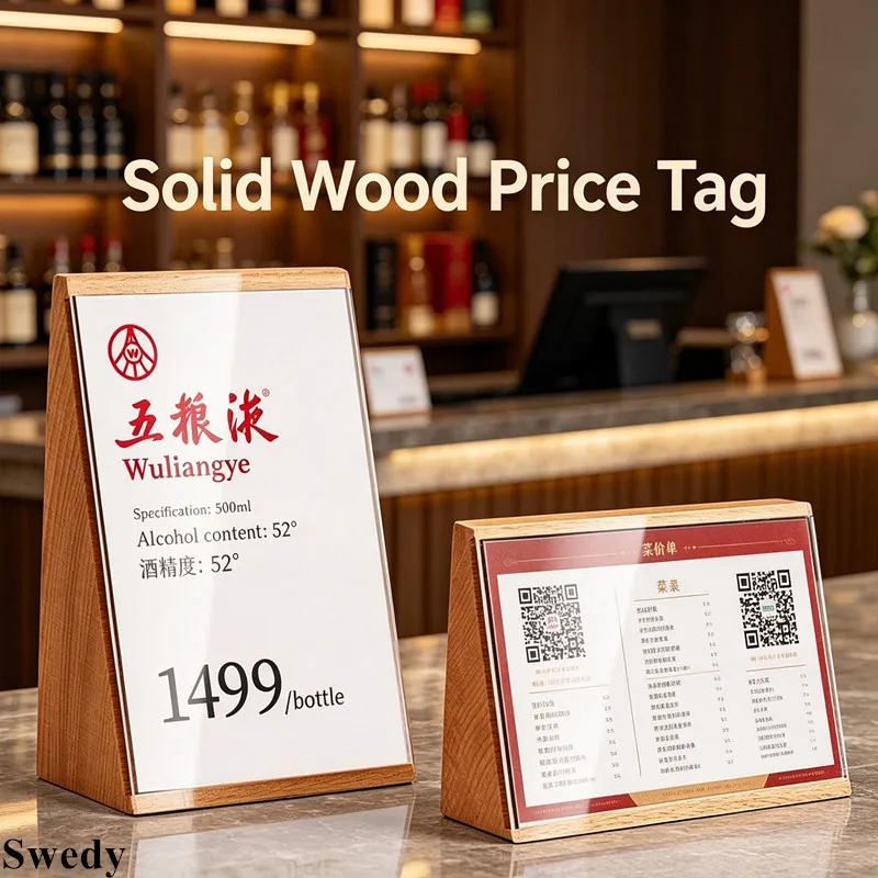 2 Pieces 120x80mm Wooden Table Sign Holder Display Stand Acrylic Cover Price Label Holder Tabletop Menu & QR Code Display Rack