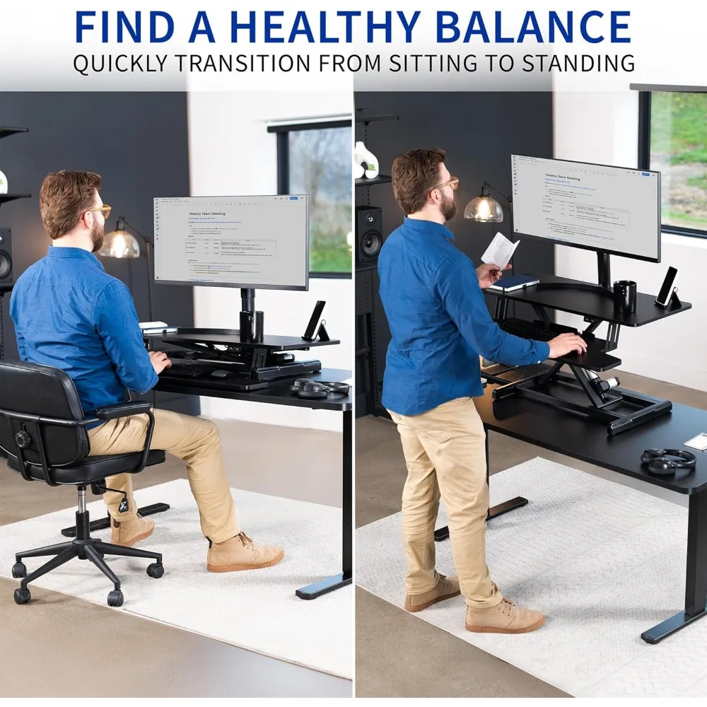 Electric Motor Desk Converter, Height Adjustable Riser, Sit to Stand Dual Monitor and Laptop Workstation with Wide