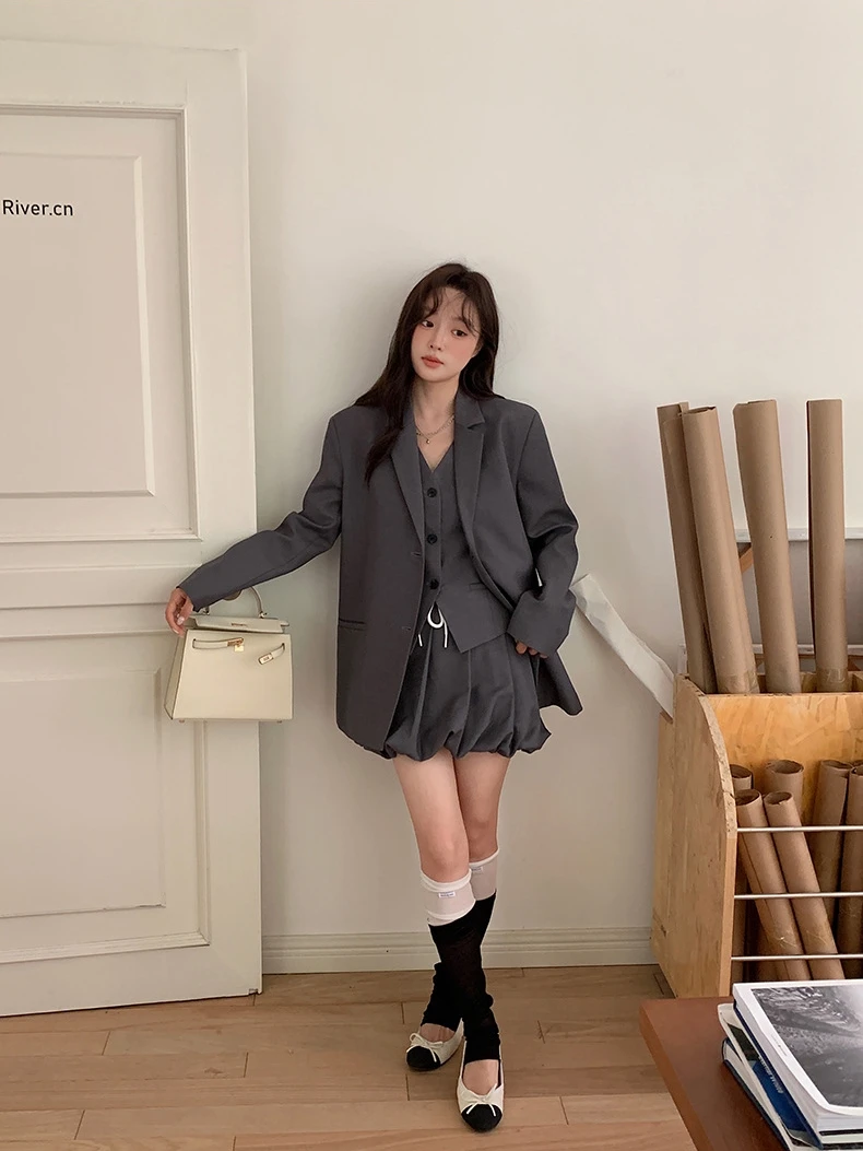 

Miu Sle Easy Care Precision Spun Wool Suit Vest Puffy Pleated ort Skirt Set Women's Faion Set Autumn Spring Universal