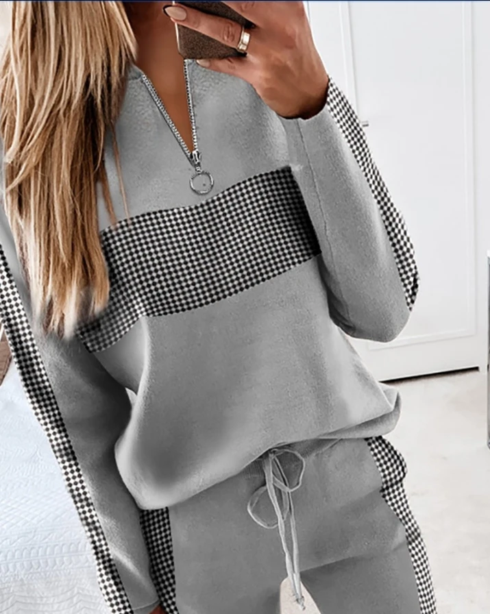 Spring fashion Plaid Print Zip Front Long Sleeve Top & Drawstring Pants Set women clothing two peice set for women matching sets